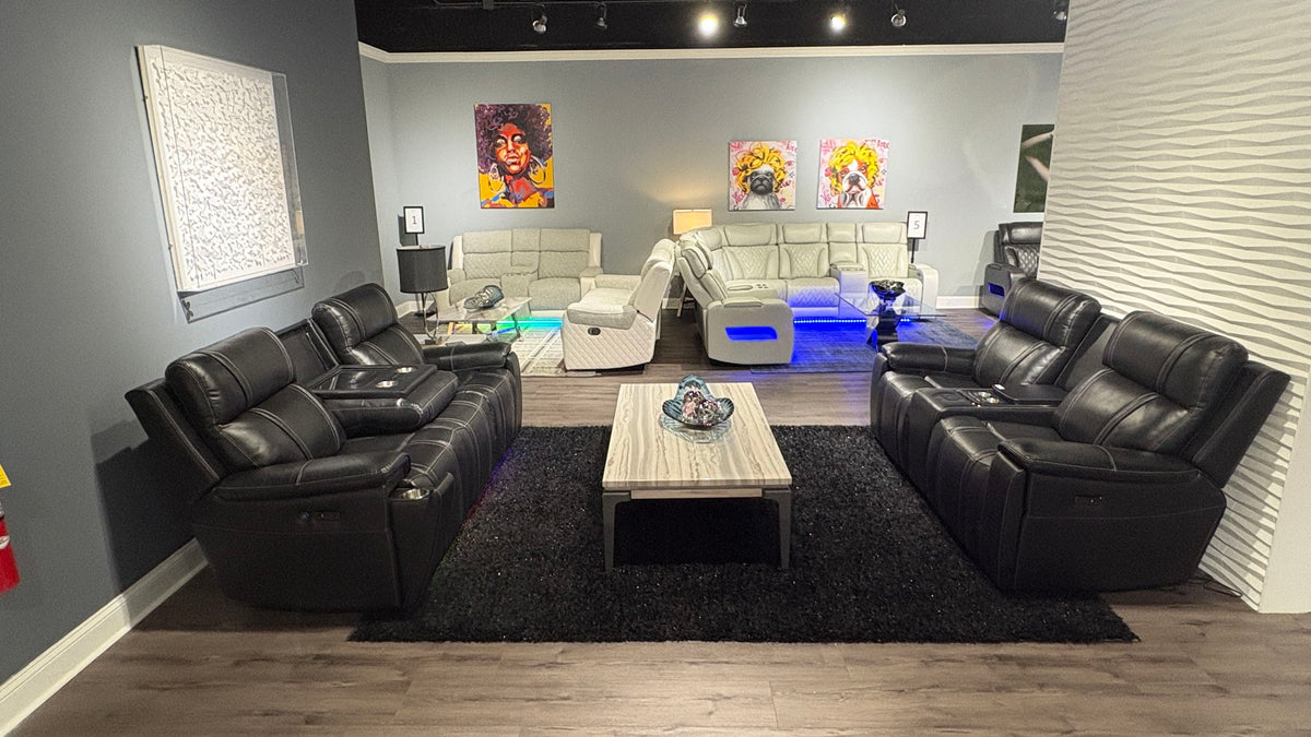 U8881 / U8880 - Leather Power Reclining Sofa / Power Console Reclining Loveseat - Black