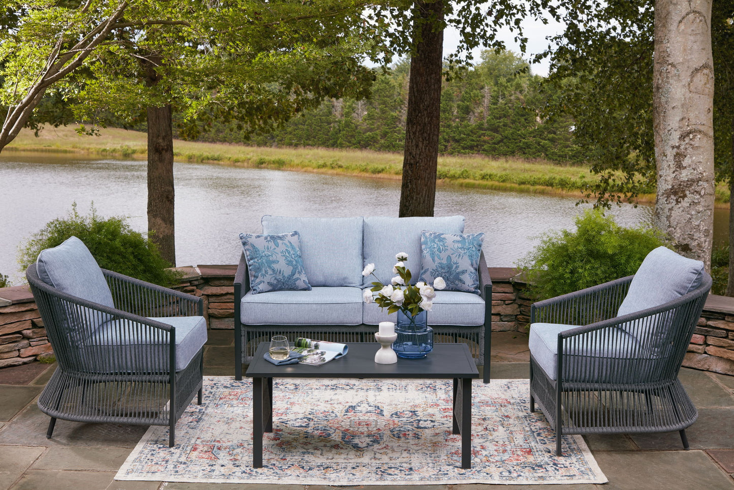 Bridges Beach - Loveseat, Lounge Chairs, Table Set (Set of 4) - Gray