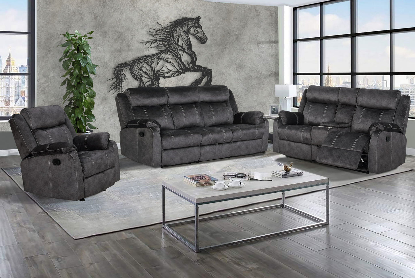 U7303 - 3 Piece Living Room Set (Recliner Sofa / Console Power Recliner Loveseat / Glider Recliner) - Granite